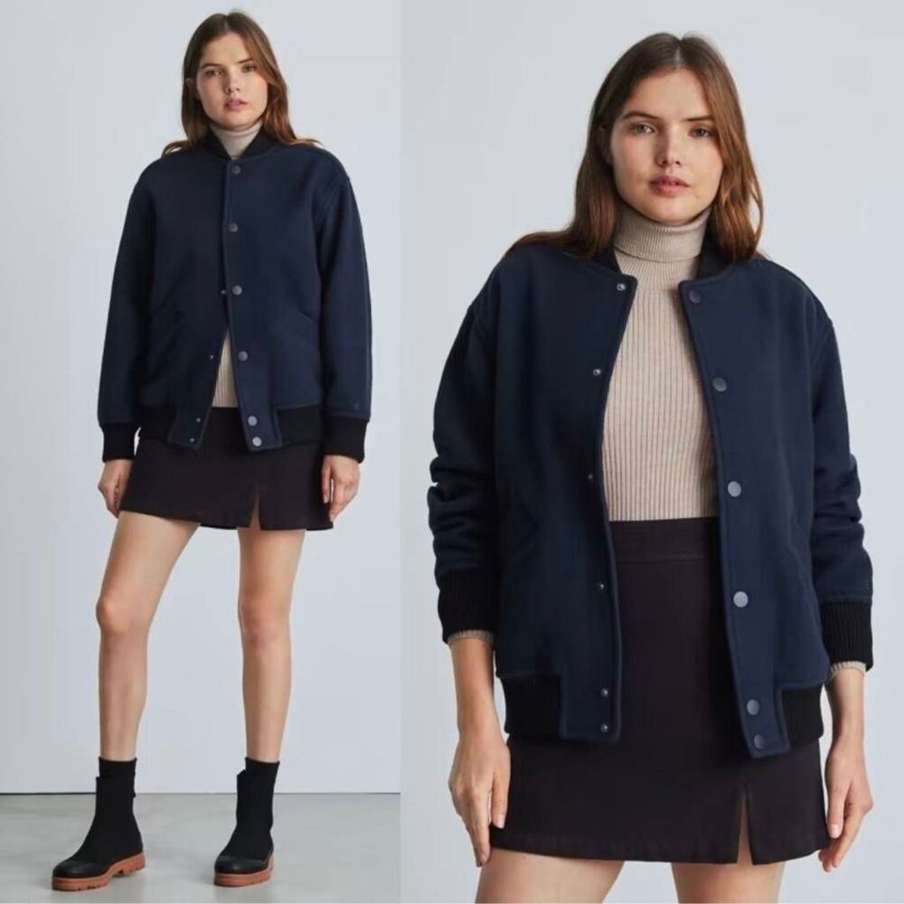 Everlane Wool Bomber Jacket Navy Blue Black Trim XXS Recycled Wool NWT